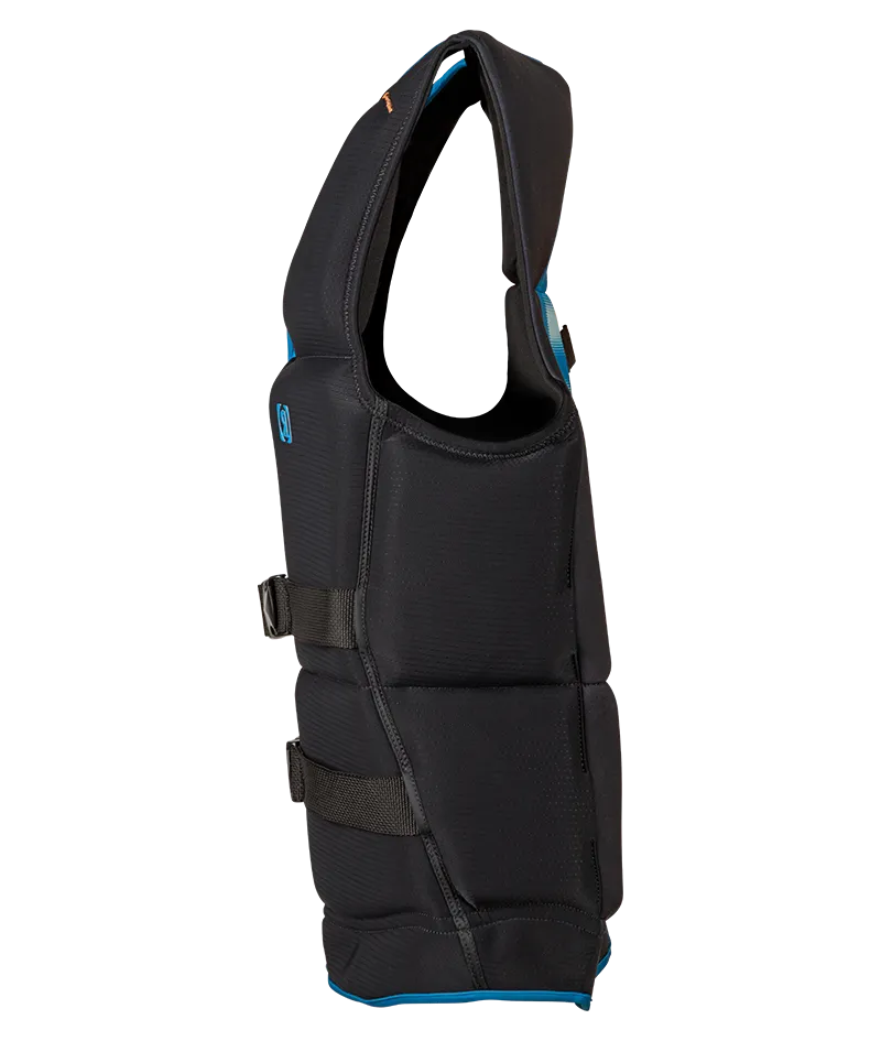 Ronix Atomik Capella 3.0 L70 US/CA CGA life vest in Black/Slate Blue with cylindrical wraparound fit Side