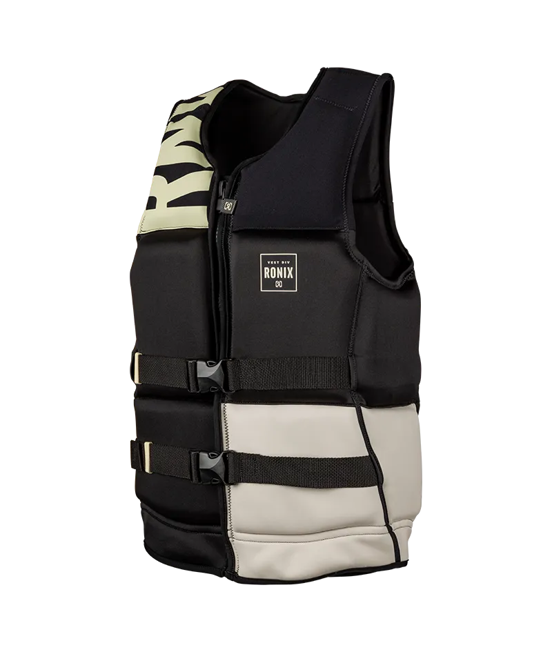 Ronix High Life Capella 3.0 L70 US/CA CGA life vest in Black/Sand with cylindrical wraparound fit Front Angle