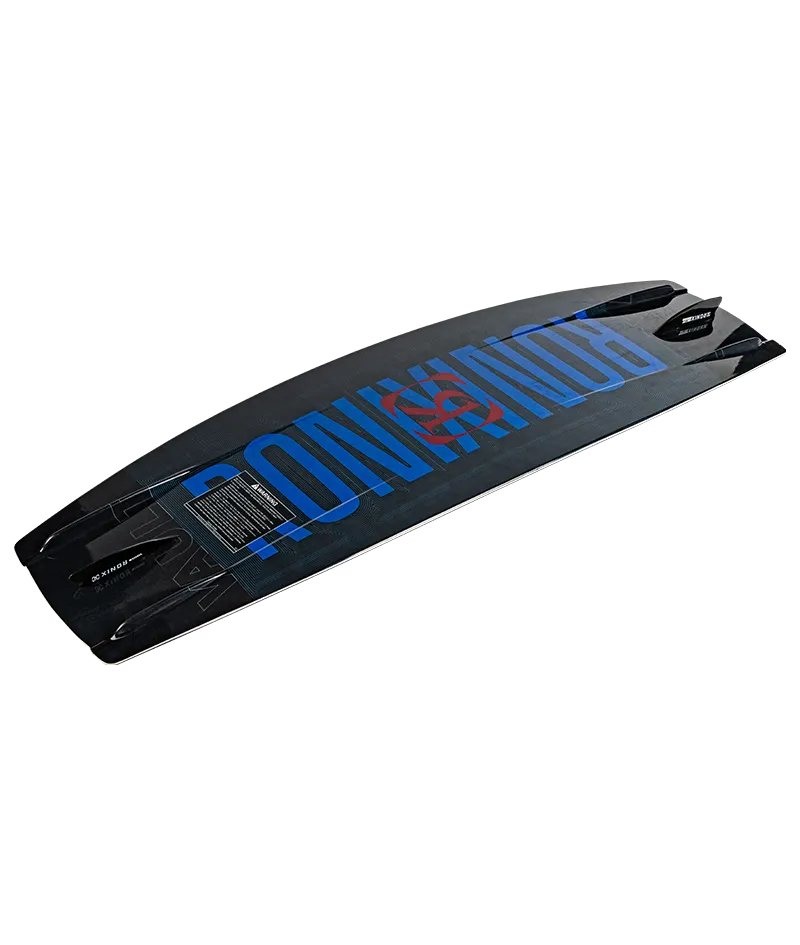Ronix Vault Modello Core wakeboard in Black/Blue/Flash with 3-stage rocker for entry level and intermediate riders Bottom Angle