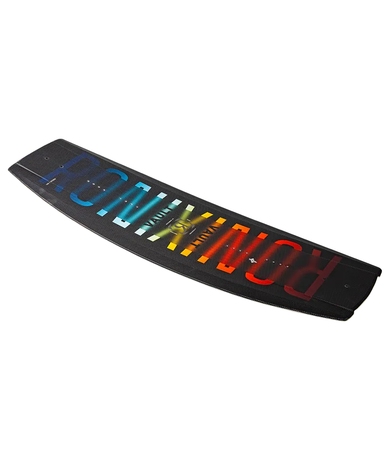 Ronix Vault Modello Core wakeboard in Black/Blue/Flash with 3-stage rocker for entry level and intermediate riders Top Angle