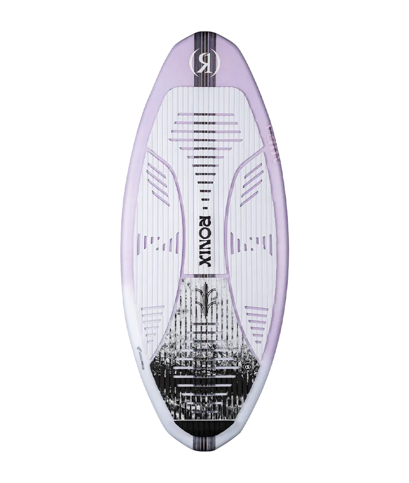 Ronix Aura women's Flyweight skimmer wakesurf board in Lavender Carbon with lightweight responsive skim design Top