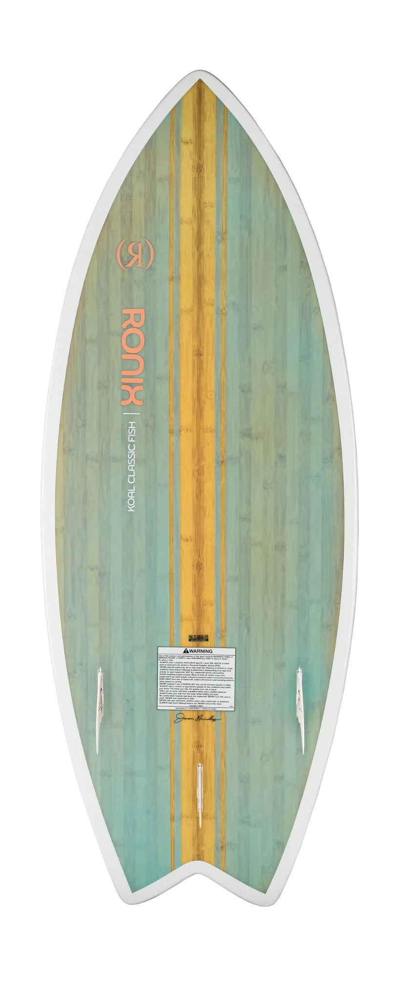 Ronix Women’s Koal Classic Fish wakesurf board in Sea Glaze/White/Peach with S-System fins Bottom