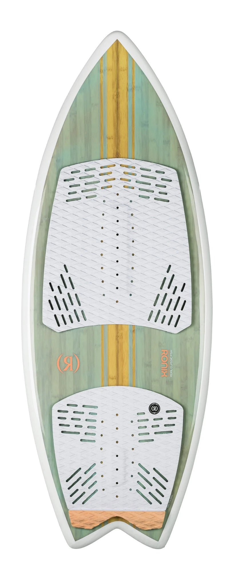 Ronix Women’s Koal Classic Fish wakesurf board in Sea Glaze/White/Peach with S-System fins Top