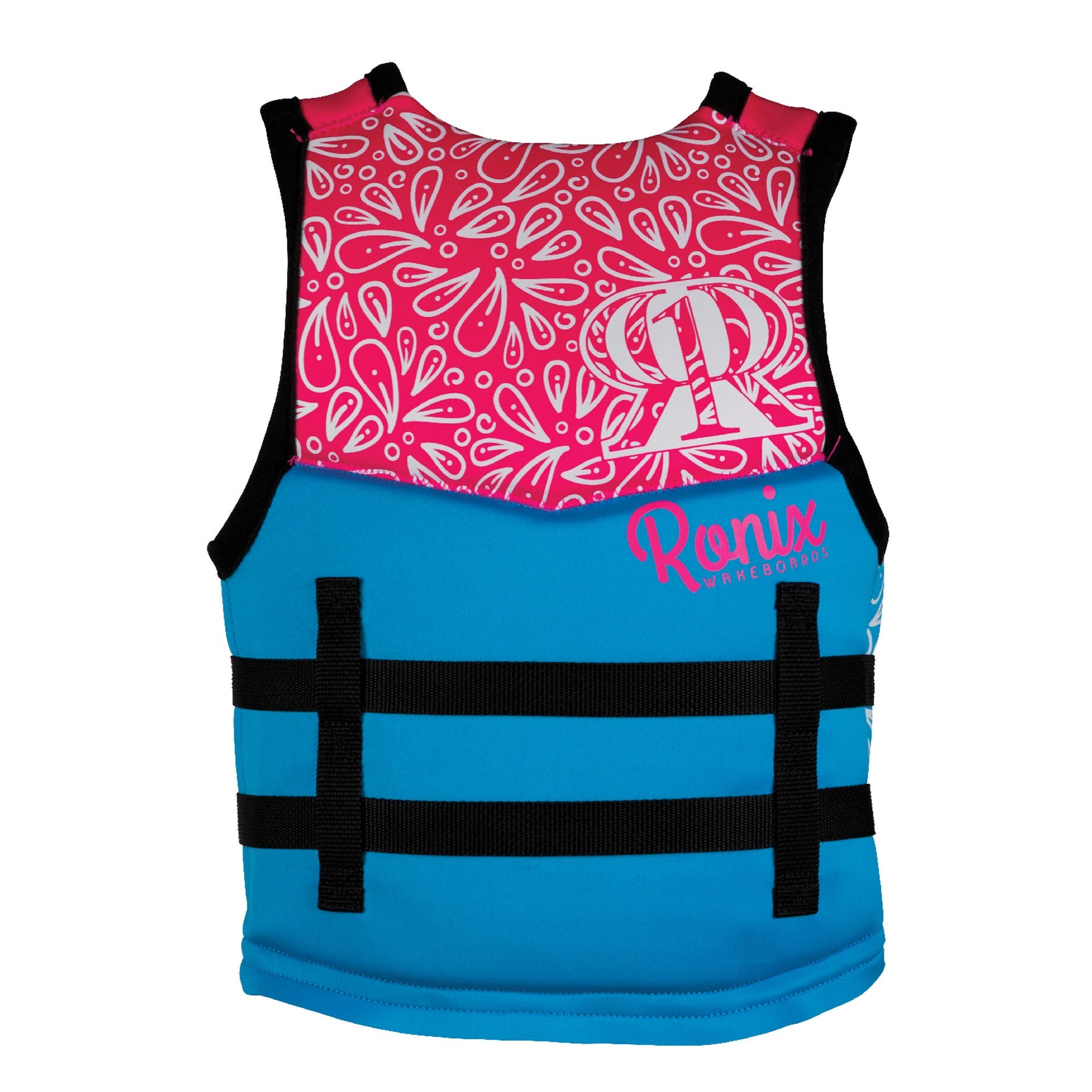 Ronix August Girl’s CGA Life Vest, Sky Blue/Pink/Purple — Youth 50–90 lb Back