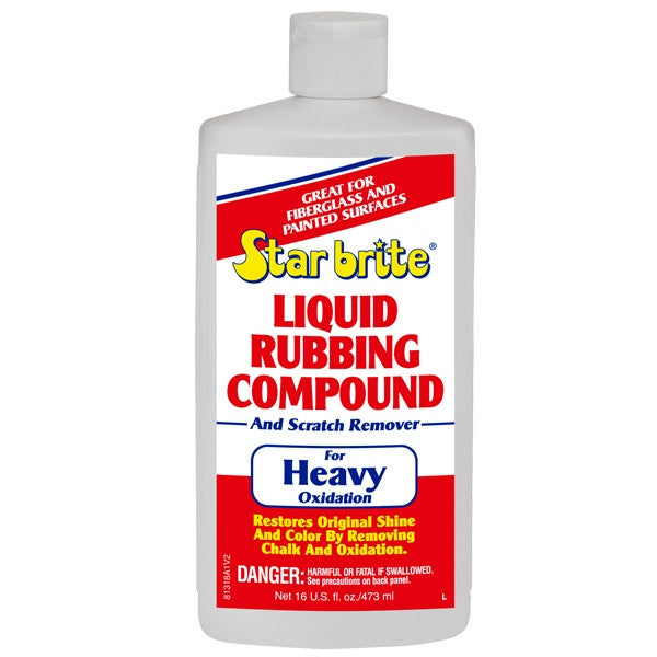 Star Brite 81318 heavy-duty liquid rubbing compound 16oz bottle for removing deep oxidation and chalking from fiberglass.