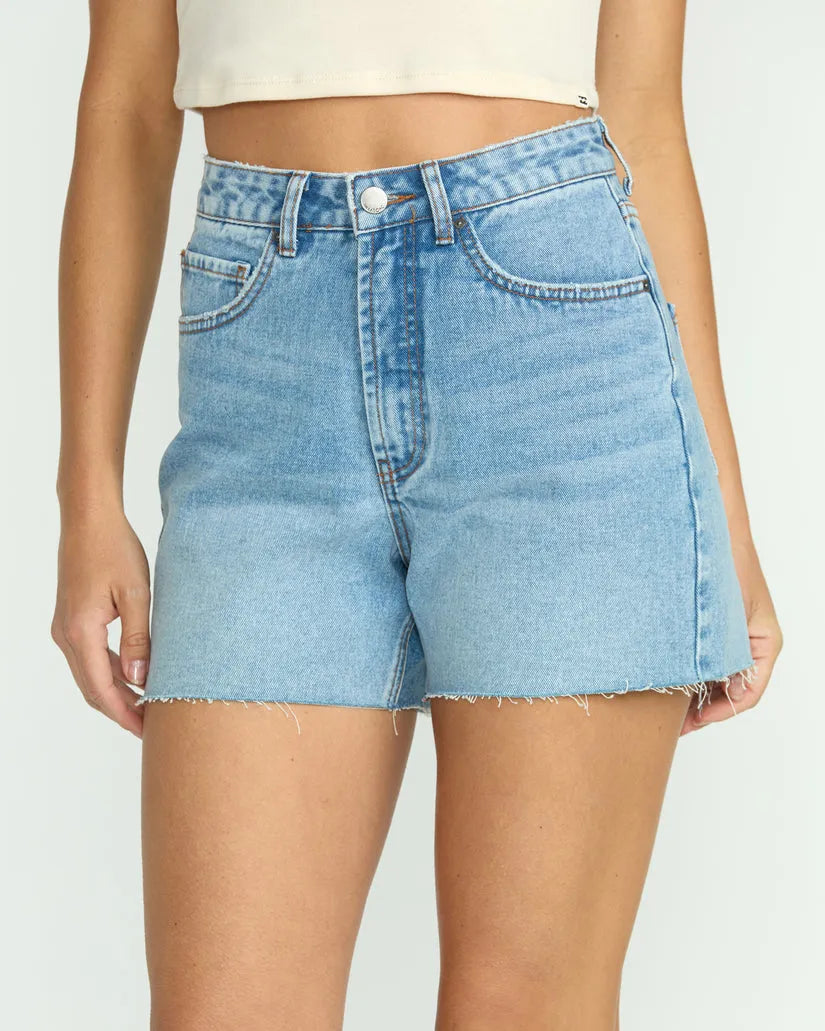 Billabong Riley women’s cut-off denim walk shorts in Faded Indigo Denim front