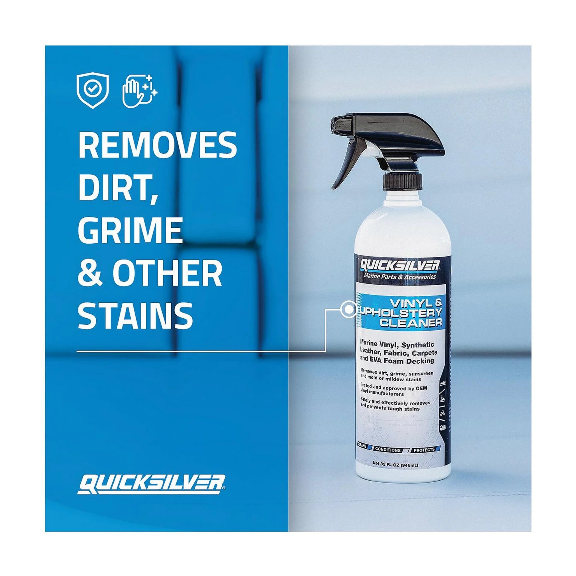 Quicksilver 8M0231471 Vinyl Upholstery Cleaner 32 oz for marine vinyl leather carpet and EVA foam decking removes dirt