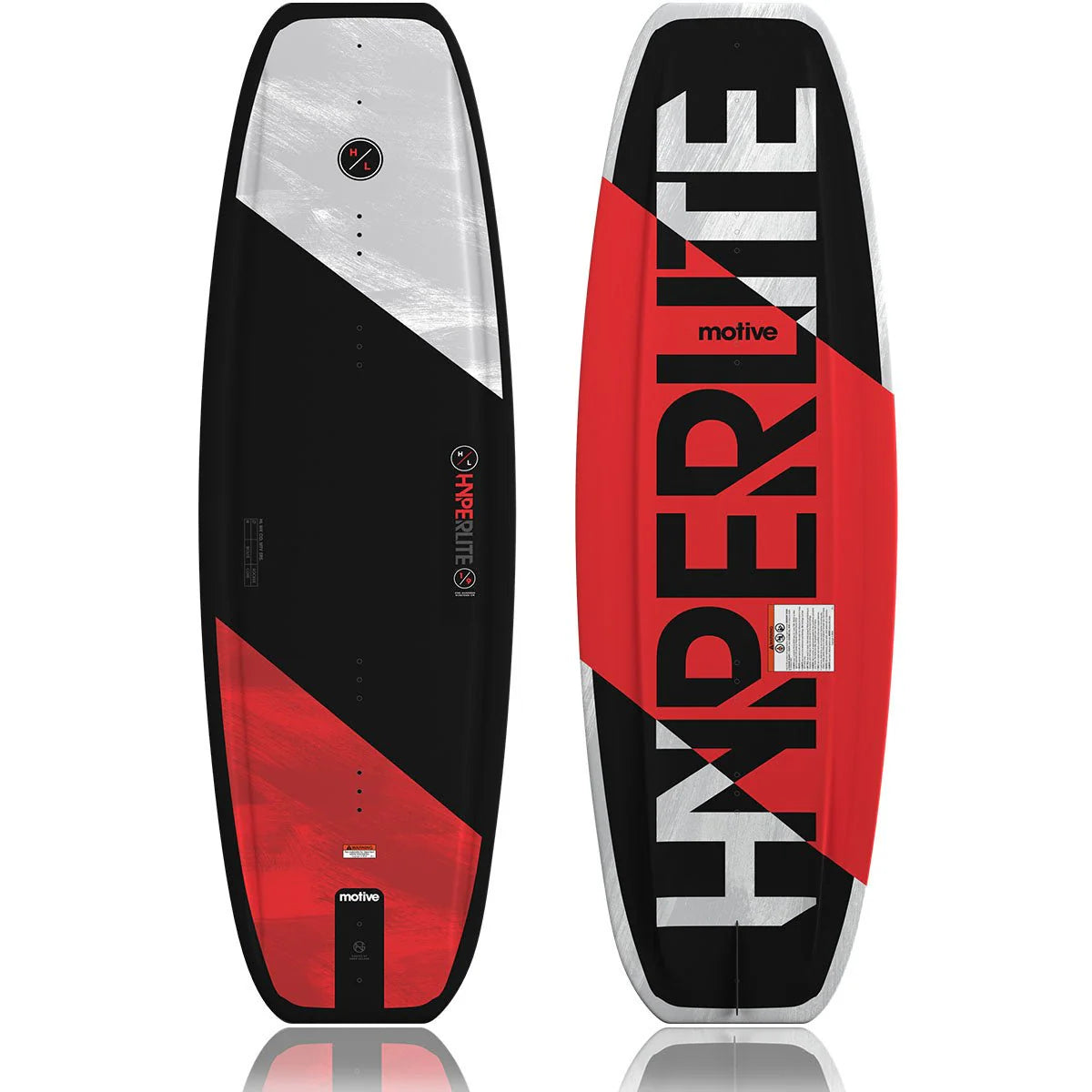 Hyperlite Motive Wakeboard beginner board with Biolite 3 Core, continuous rocker, full beveled edge, molded-in fins, and Disorder fins