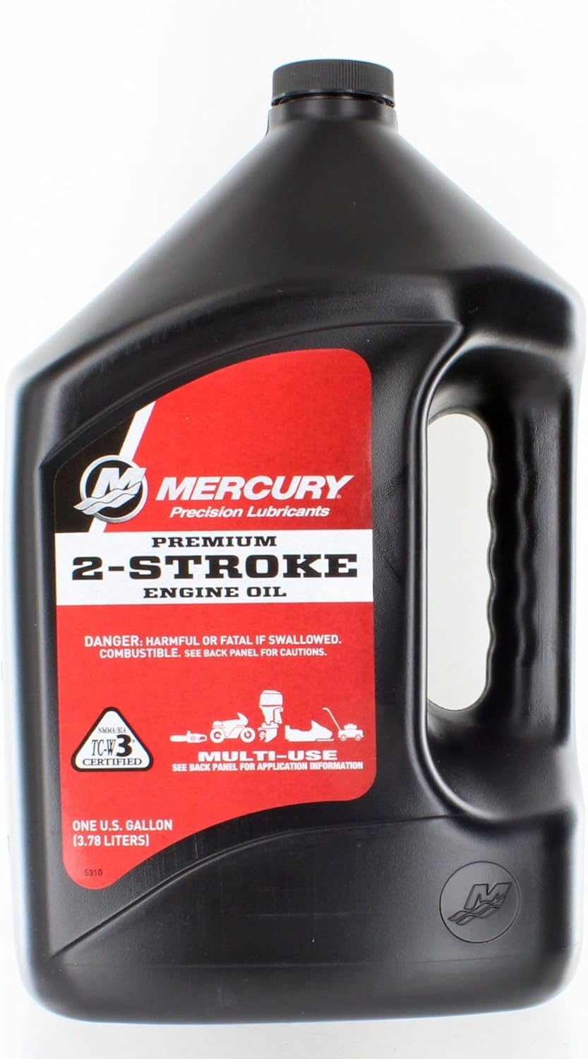 A one-gallon container of MERCURY Genuine Premium 2-Cycle Outboard Oil with red and white label.