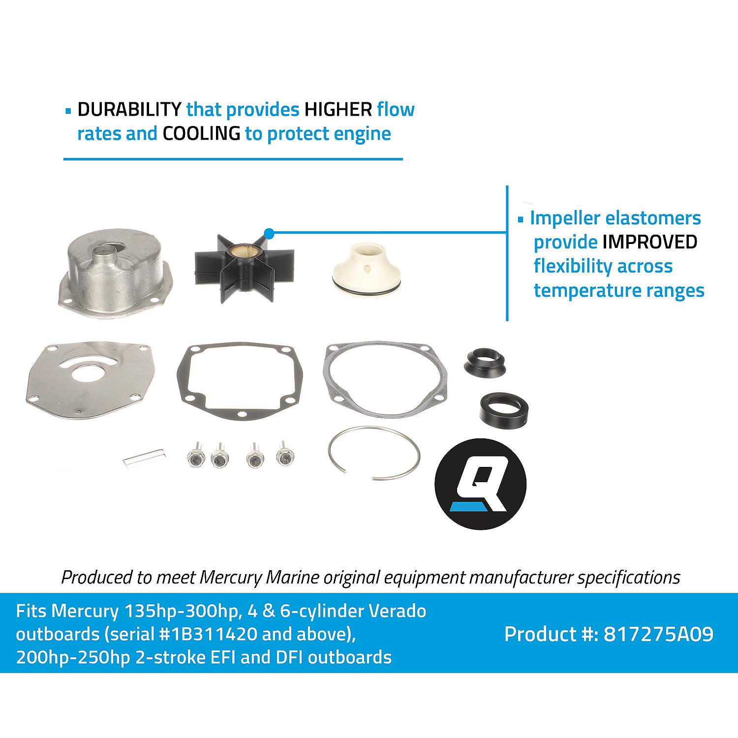 Quicksilver 817275A09 water pump repair kit durability and cooling feature graphic