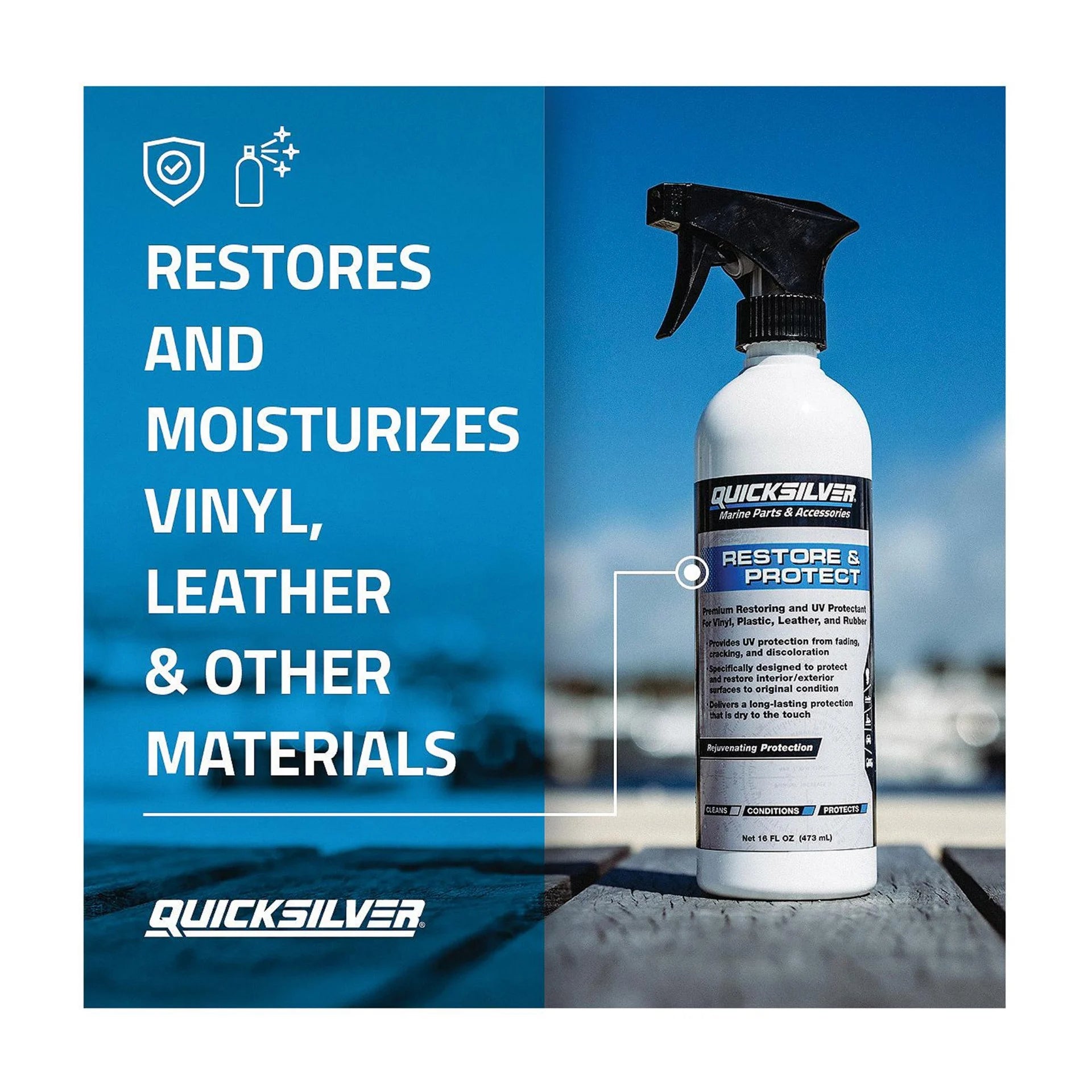 Quicksilver 8M0232639 Restore Protect marine spray 16 oz for vinyl plastic leather and rubber surfaces facts