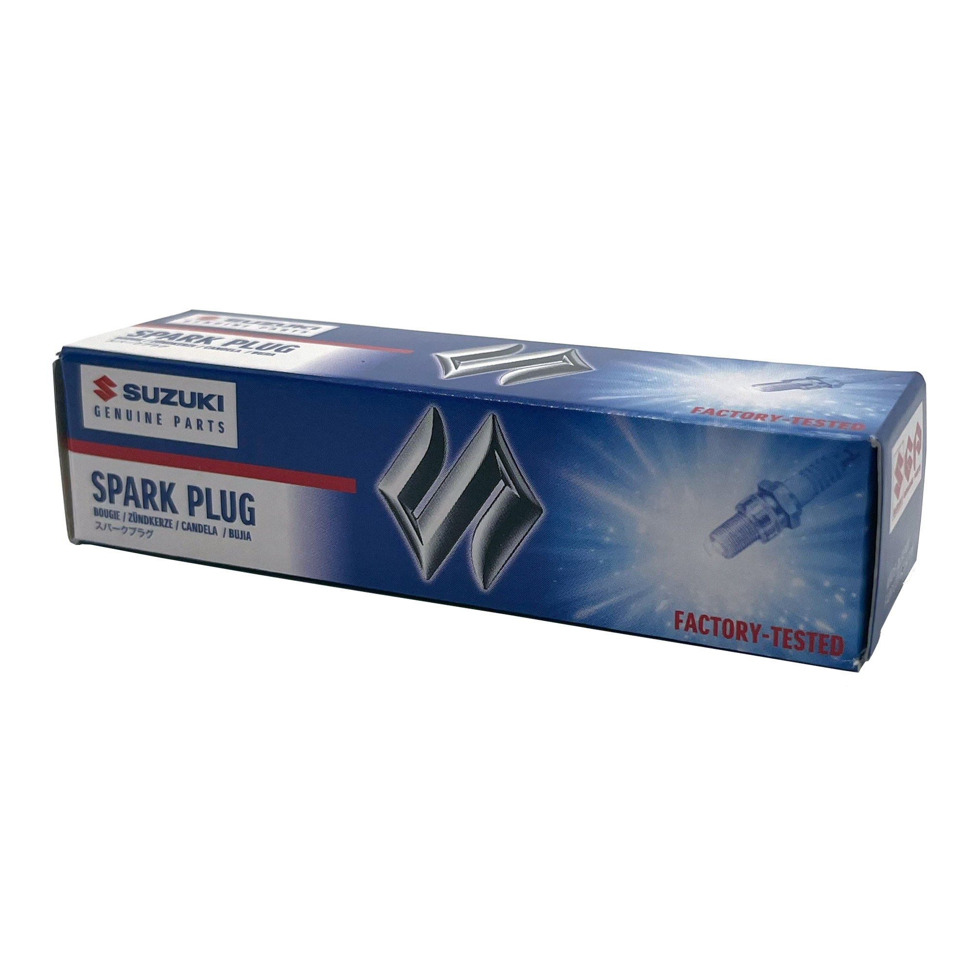Suzuki OEM Spark Plug packaging with blue and white colors featuring the spark plug product and Suzuki branding.