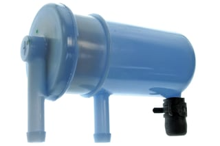 A blue Suzuki fuel filter with transparent end caps and a black connector.
