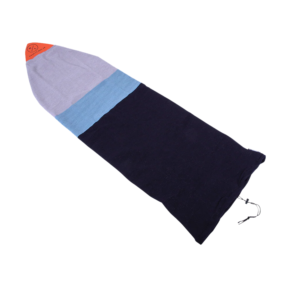 Hyperlite Surf Sock wakesurf board cover with plush terrycloth fabric, reinforced nylon nose, drawstring closure, and fin accessory pouch empty