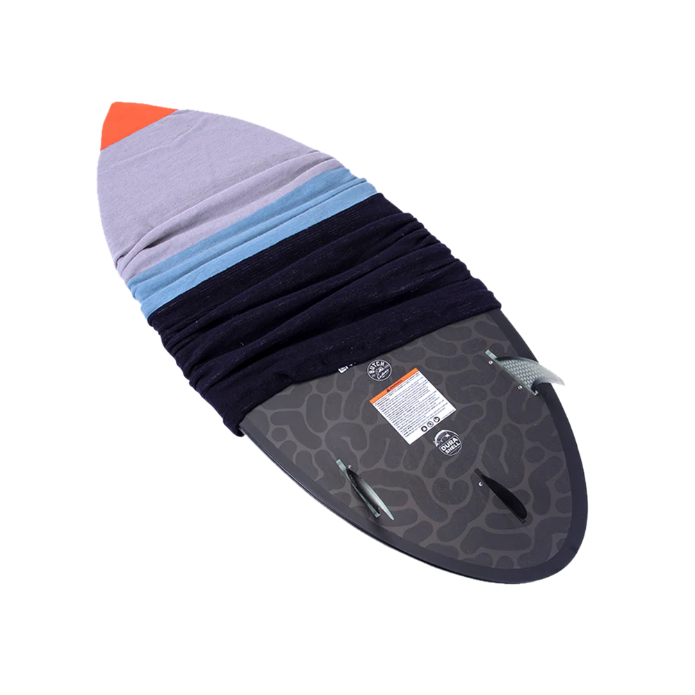 Hyperlite Surf Sock wakesurf board cover with plush terrycloth fabric, reinforced nylon nose, drawstring closure, and fin accessory pouch base
