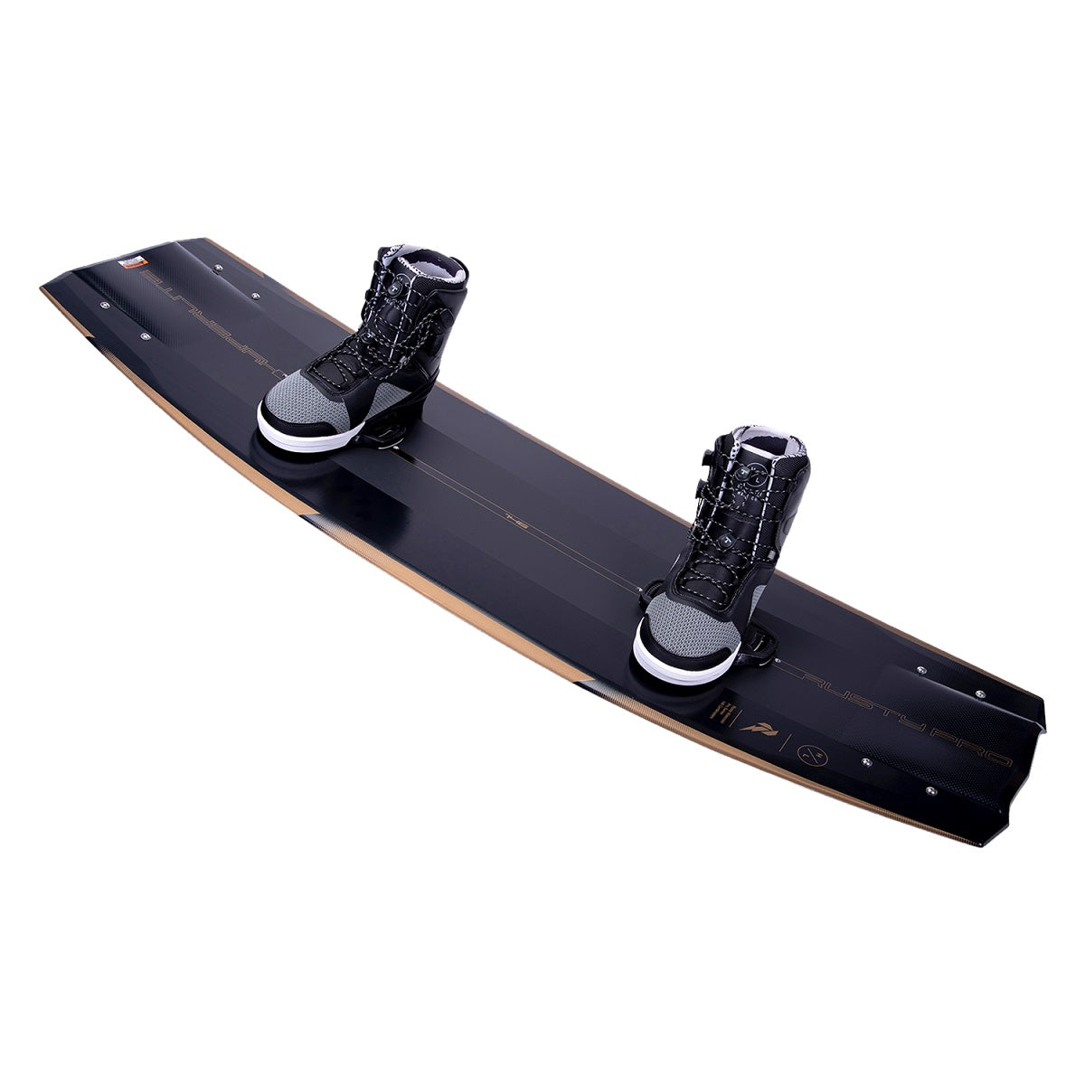 rusty wakeboard with team x bindings on top