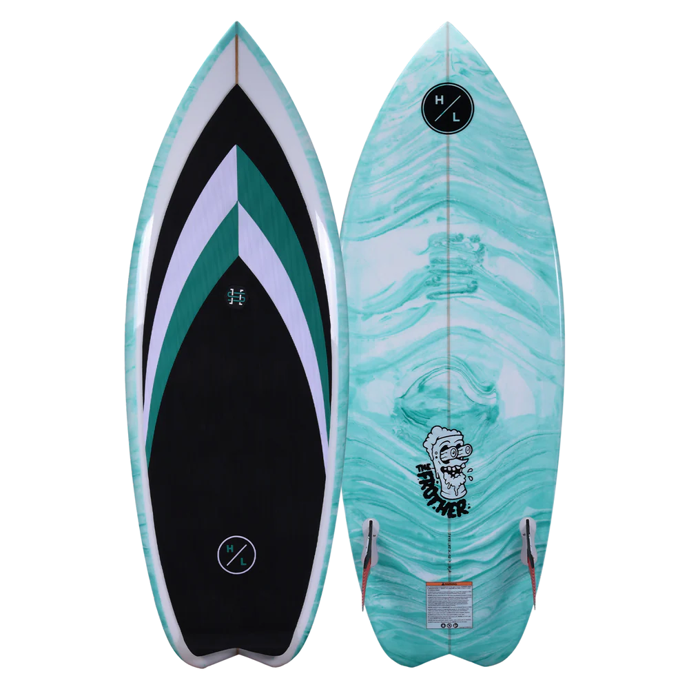 Hyperlite 4.8 Frother 2.0 Wakesurf Board with handmade epoxy construction, EPS wood stringer core, twin fins, swallow tail, and corduroy traction